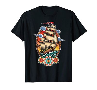 Old School American Traditional Tattoo Flash Clipper Ship T-Shirt Men Cotton Tshirt Tees Tops Anime Harajuku Streetwear