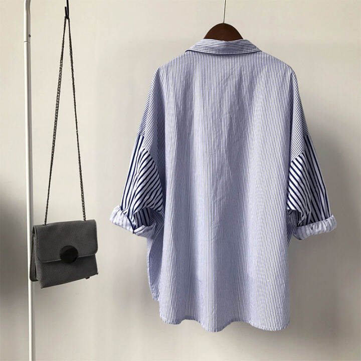 พร้อมส่ง-เสื้อเชิ้ตแขนยาวลายทาง-โอเวอร์ไซส์-คอปก-เสื้อเชิ้ตผู้หญิง-คลุมกันแดด-เชิ้ตยาวเกาหลี