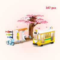 City Friends Sakura Flower Tree House Garden Street View Architecture Model Building Blocks Shop Miniature Kit Toys For Child