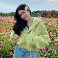 เสื้อโค้ทเสื้อฮู้ดสั้นขนแกะแบบรูดซิปสำหรับผู้หญิงเสื้อโค้ทแขนยาวทรงหลวมแนวหวานแหววว