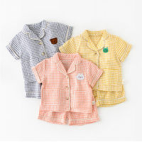 2021 Summer New Baby Sleepwear Newborn Plaid Night Wear Cartoon Short Sleeve Boys and Girls Sleep Set