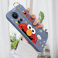 GGK เคสสำหรับ OPPO Reno10 Pro 5G พร้อมสายรัดข้อมือน่ารัก Sesame Street ELMO เคสโทรศัพท์ขอบสี่เหลี่ยมของเหลวปลอกซิลิโคนคลุมทั้งหมดกล้องเคสป้องกันการกระแทก