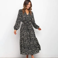 Autumn Leopard Print Loose Big Hem Maxi Dresses Women 2021 Casual V-neck Long Sleeve Sashes Ruffles Dress Woman Boho Long Dress