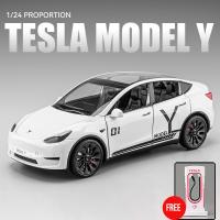 1:24 Tesla โมเดล Y โมเดลรถของเล่น3กองชาร์จโลหะผสมหล่อตายเสียงและไฟของเล่นเด็กของขวัญวันเกิด