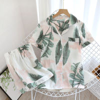 100 Cotton Womens Pajamas Set Eco-friendly Double Cotton Yarn Short Sleepwear Palm Leaf Print Breathable Home Suit for Summer