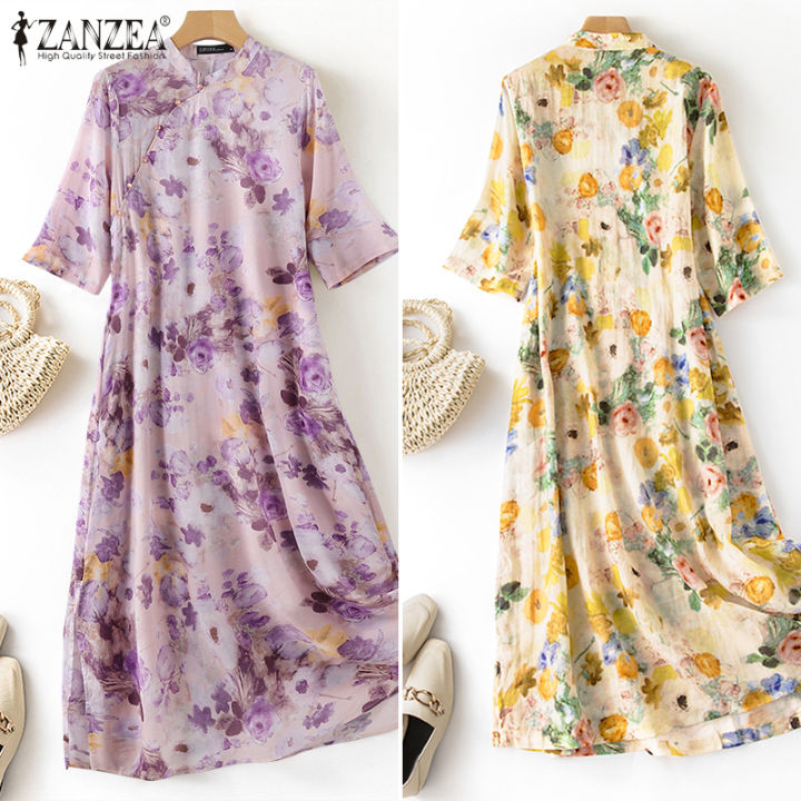 สินค้ามาใหม่-จัดส่งฟรี-fancystyle-zanzea-เสื้อคอวีแขนสั้นสำหรับผู้หญิงชุดลำลองหลวมชุดซันเดรสลายดอกไม้ชุดกระโปรงพิมพ์ลาย-2