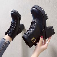 Brand Womens Shoes Boots-Women Round Toe Lace Up Fashion 2023 Leather High Heel Ankle Ladies Black Rock Rubber Autumn Cotton Fa