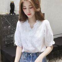 BOUND （in stock）【AIL】Womens White V-Neck Top Lace Pure Half Sleeve Solid Color Top