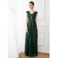 Womens Gatsby Dress 1920s flapper tail Mermaid Plus Size Long formal gown (เขียวทองแดง blac K)