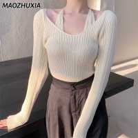 MAOZHUXIA เสื้อคล้องคอแขนยาวสำหรับผู้หญิง,เสื้อมีสายคล้องคอในแฟชั่นแบบใหม่ในฤดูใบไม้ร่วงเสื้อสองชิ้นเข้ารูปเสื้อกันหนาวแบบถักอเนกประสงค์