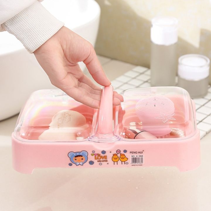 plastic-storage-box-2-grids-with-handle-stackable-soap-holder-drainage-cleaning-brush-holding-tray-for-home-kitchen-bathroom-soap-dishes