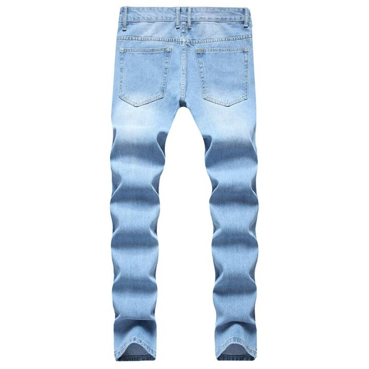 กางเกงยีนส์ประดับหลุมอินเทรนด์ของผู้ชายกางเกงยีนส์สีฟ้าคุณภาพสูงสลิมฟิต-ยีนส์แฟชั่นถนน-กางเกงกางเกงยีนส์ลำลองทุกวัน