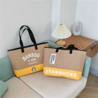 ∏✵ Linen hemp woven commuter bag super large capacity straw woven shoulder bag tote bag universal fashion color matching tote bag