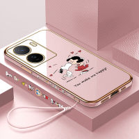 ฟรีสายคล้อง + เคสสำหรับ Vivo โทรศัพท์มือถือ IQOO Z7 5G เคสมือถือลายการ์ตูนสนูปี้ขอบสี่เหลี่ยมเคสโทรศัพท์ชุบหรูหราเคสโทรศัพท์นิ่มชุบ