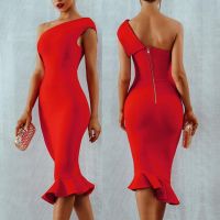 ♂▪♚ Elegant Women Dresses Sexy Solid Color Sleeveless One Shoulder Fish Tail Hem Bodycon Midi Dress 2020 Slim Female vestido