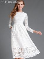 ✗☒⊙ ocehrk Xylocarp-vestido branco de renda gola redonda para mulheres saia midi manga comprida QL002 outono