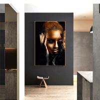 ภาพวาดภาพวาดผ้าใบติดผนังศิลปะศิลปะแอฟริกันภาพโปสเตอร์ผู้หญิงสีดำและสีทองสำหรับ0706