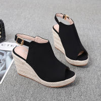 New Arrival August 2022 Women Open Toe Suede Plus size Heeled Sandals Summer Party Solid Wedge Heel Buckle 10cm Platform Shoes