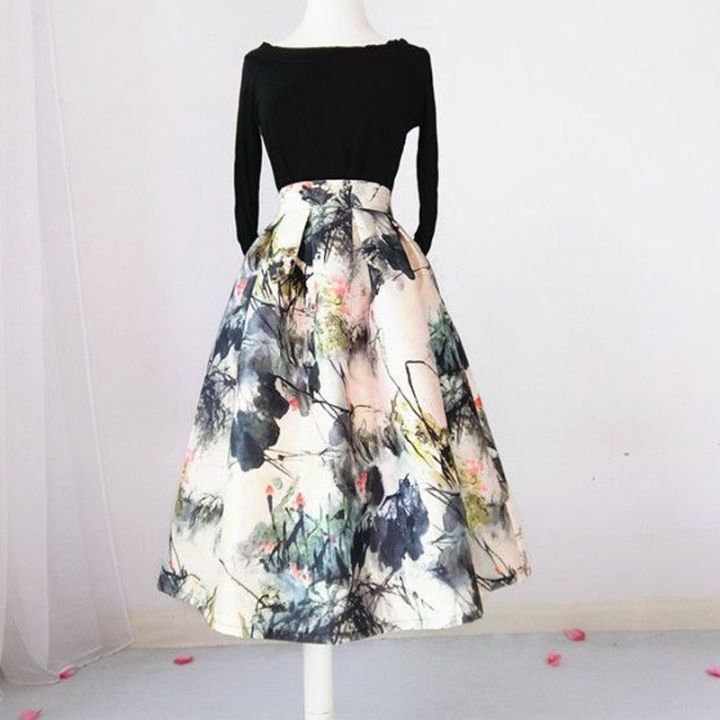 cc-temperament-waist-printing-skirt-fashion-all-match-gown-skirts-womens-clothing