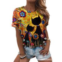 Cat Print T Shirt Women Casual O-Neck Short Sleeve Tops Female Streetwear Loose Plus Size T-Shirts