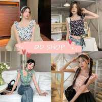 DD SHOPพร้อมส่ง 11539 เสื้อกล้ามผ้าชีฟอง ลายดอกไม้ขอบระบายแถมสายคาดผมหรือผูกคอ  -C