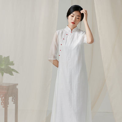 ชิง Shuzhai สไตล์จีนที่ดีขึ้นชุด Cheongsam ผู้หญิงยืนปกแขนสามในสี่ย้อนยุคเสื้อผ้าชาอารมณ์เสื้อผ้าสตรี