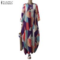 ZANZEA Women Vintage Printed 34Sleeve Round Neck Long Dress