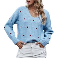 Thickened Warm Knitted Sweater Women Autumn Winter V-Neck Ribbed Trim Embroidery Heart Dot Print Sweater Jumper Female Clothing