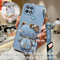 JieFie น่ารัก Hello Kitty เคสโทรศัพท์สำหรับ OPPO A15 / A15S / A12 / A5S / A7 / A5 2020 / A9 2020 / A3S / A12E / A16 / A16K / A17 / A17K เคสกระจกแต่งหน้าชุบโครเมียมเคสโทรศัพท์โทรศัพท์ TPU แบบน่มสี่เหลี่ยมหรูหรา + สายคล้องขาตั้ง