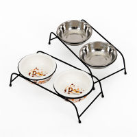 New Fashion Dog Feeders Bowl Iron Frame Stainless Steel Ceramics Double Mouth Dog Bowl High Grade Antiskid Pet Supplies