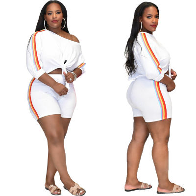 Plus Size Solid Color Womens Clothing Fashion Round Neck Personality Striped Side Sexy Umbilical Strap Casual Two Piece Suit