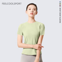 FEELCOOLSPORT พีชแห้งเร็วตาข่ายเส้นด้ายโยคะแขนสั้นฤดูร้อนผู้หญิงกีฬาฟิตเนสเสื้อผ้าแสดงหน้าอก Shaping Breathable กีฬาเสื้อยืดผู้หญิง