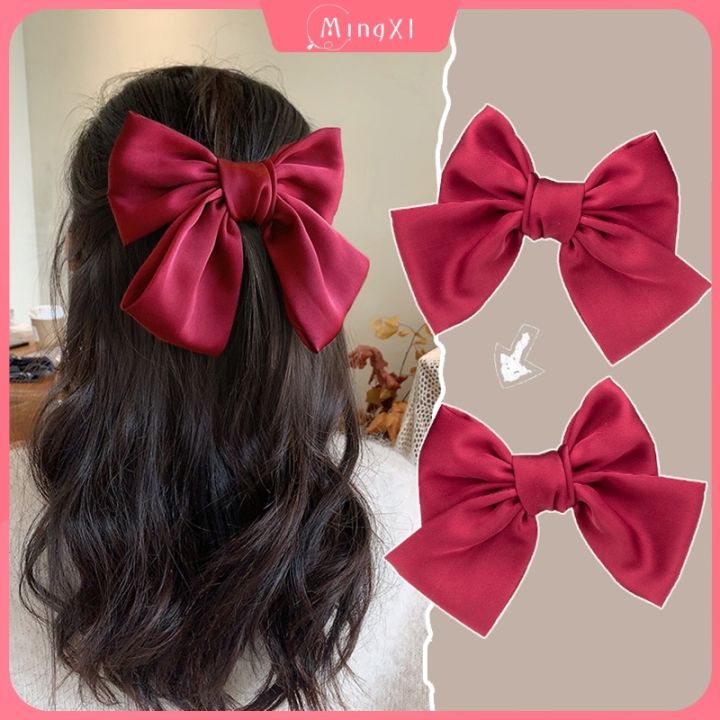 Brand New]△ Korean Style Red Bow Hair Clip Fashion Shiny Fabric Rubber Band  Tie Women'S Accessories | Lazada