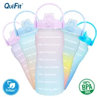 QuiFit 2L 64OZ Motivational Water Bottle with Width Mouth Flid-Flod Lid and Time Marker BPA Free Large Kettle LeakProof Durable Bottles for Fitness Outdoor Enthusiasts(Without Straw)