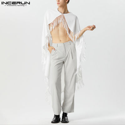 INCERUN เสื้อคลุมเชือกผูกพู่สำหรับผู้ชาย,เสื้อคลุมแฟชั่นผ้าคลุมยาวเรียบอเนกประสงค์ (สไตล์ตะวันตก)