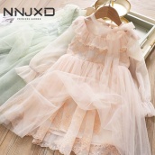 NNJXD 2020 Váy bé gái Thời trang mới cho bé gái 3-8 tuổi Quần áo mùa thu đông Váy ren dài tay cho năm mới Bữa tiệc sinh nhật Giáng sinh