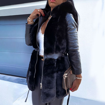 Womens Winter Faux Fur PU Fur Lace-Up Slim-Fit Coat To Keep Warm Thick Parka Coat Solid Color Fashion Plus Size Coat