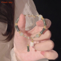 Fresh sky สร้อยข้อมือลูกปัดรูปข้อต่อทำจากไม้ไผ่สีเขียวย้อนยุคสไตล์จีนสำหรับผู้หญิงสร้อยข้อมือโลหะผสมรูปทรงเสน่ห์แบบเรียบง่ายของขวัญเครื่องประดับ