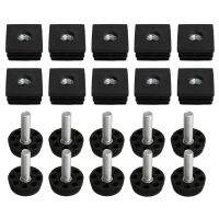 10Pcs Thread Black Plastic Furniture Leg Plug Blanking End Caps Insert Plugs with Adjust Thread Feet for Square Pipe M8 Pipe Fittings Accessories