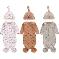 Gaun Lengan Panjang Bayi Baju Tidur Bayi Super Lembut Elastis dengan Topi Set untuk 0-12 Bulan