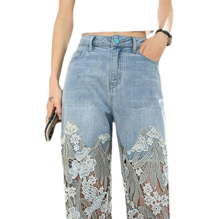 กางเกงยีนส์ผู้หญิงเย็บลูกไม้ออกแบบ-2023-กางเกงลำลองทรงตรงสไตล์ย้อนยุคใส่แล้วดูผอมสไตล์ใหม่ฤดูร้อน