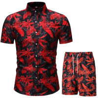 2021 Summer New Mens Hawaiian Suit Fashion Print Short Sleeve Button Shirt + Beach Shorts Street Casual Mens Suit