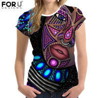 FORUDESIGNS Women Tees Colorful African Queen Girl Face Art Exotic Ethnic Style Print O-Neck Elastic Female T Shirt Fashion