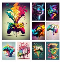 2023℡✈◎ 80s Colorful Punk Neon Gamer Controller Cool Gaming Poster For Wall Art Esports Game Kawaii Room Decor Canvas Painting Cat Cars
