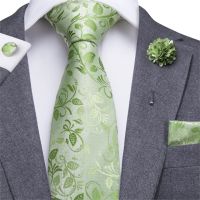 Hi-Tie Men Silk Tie Grass Green Ties Floral Necktie Boutonniere Handkerchief Cufflinks Set Wedding Cravat for Groom 8.5 cm