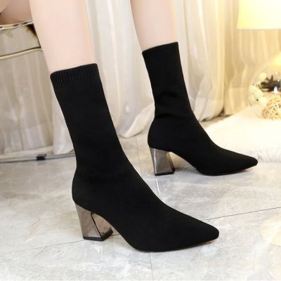 *CODriley new Elastic Sock Boots Chunky High Heels Stretch Booties Pointed Toe Women Pump
