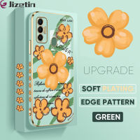 (ฟรีสายคล้อง) เคสนิ่ม Jizetin สำหรับ Tecno Spark 7 Pro Tecno Spark 7T เคส KF6P ลายขอบสี่เหลี่ยมดอกไม้สีส้มชุบเคสโทรศัพท์เคสโทรศัพท์นิ่มสุดหรู