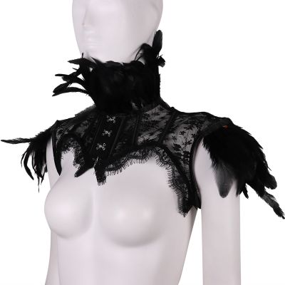 Punk Gothic Black Feather Stole Cape Vintage Shrug Shawl Sexy Lace Floral Fake Neck Choker Cape Cosplay Shoulder Wrap for Women