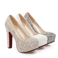 Wonen Pumps Fashion Office Shoes Peep Toe Square Heel Slip On Sequined Cloth High Heels Woman Shoes