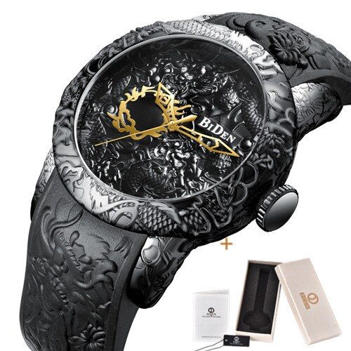 นาฬิกาผู้ชายลายมังกรรูปปั้น3d-แฟชั่นสุดหรูสายนาฬิกาข้อมือสีดำสุดหรูสร้างสรรค์นาฬิกาผู้ชาย-relogio